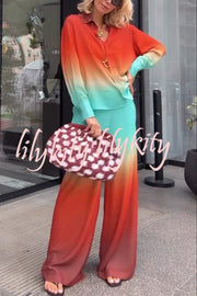 Neon Sunset Gradient Print Long Sleeve High Low Hem Blouse and Elastic Waist Loose Pants Set
