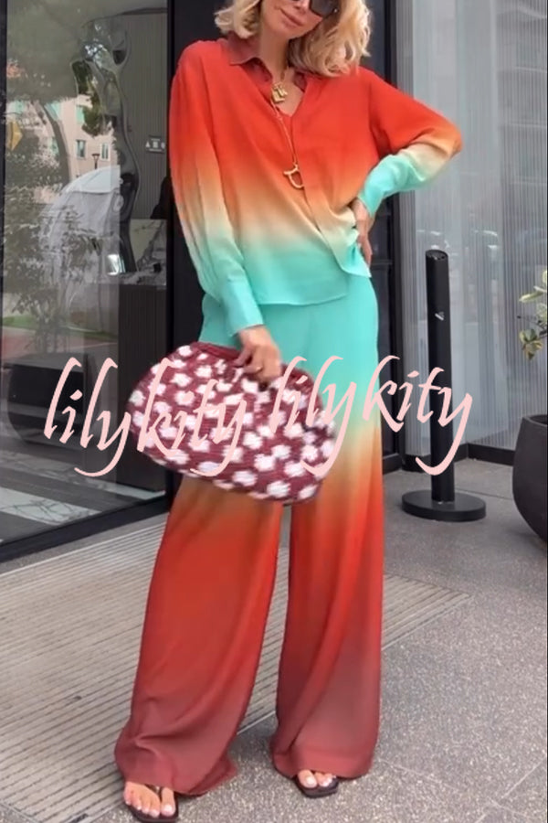 Neon Sunset Gradient Print Long Sleeve High Low Hem Blouse and Elastic Waist Loose Pants Set