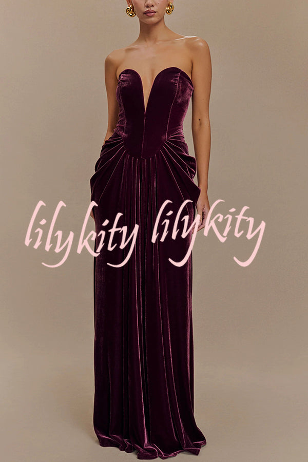 Paige Velvet Off Shoulder Side Pleated Hip Drape Maxi Dress