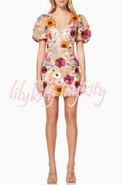 Garden Gala Embroidered Floral Applique Puff Sleeve Mini Dress