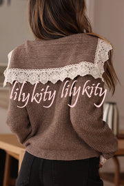 Fashionable Lace-trimmed Sailor Collar Casual Knit Cardigan