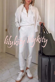 Ivory Marl Fleck Half-Zip Neck Long Sleeve Sweatshirt and Elastic Waist Pocket Jogger Set