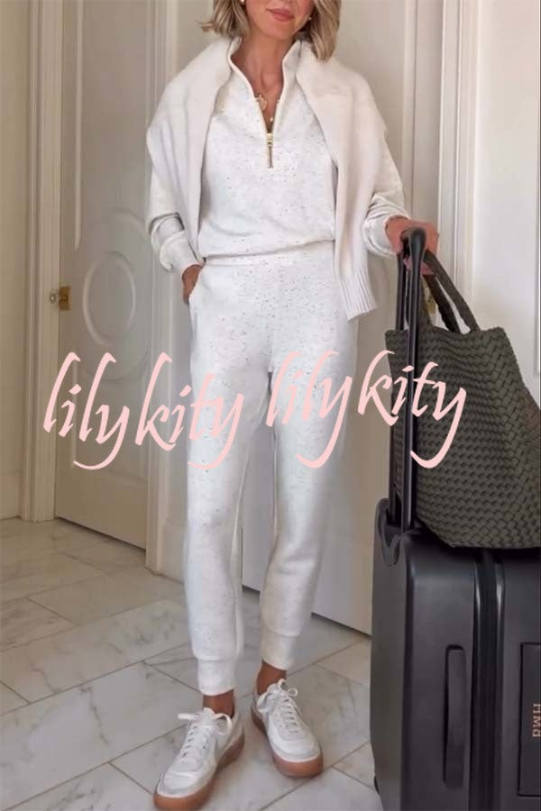 Ivory Marl Fleck Half-Zip Neck Long Sleeve Sweatshirt and Elastic Waist Pocket Jogger Set