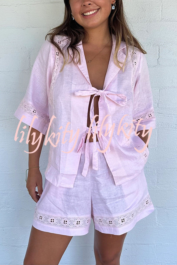 Celebrate Vacation Linen Blend Lace Splicing Tie-up Shirt and Elastic Waist Pocketed Shorts Set