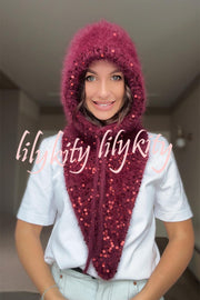 Sequined Drawstring Balaclava Warm Loop Scarf Hat and Gloves