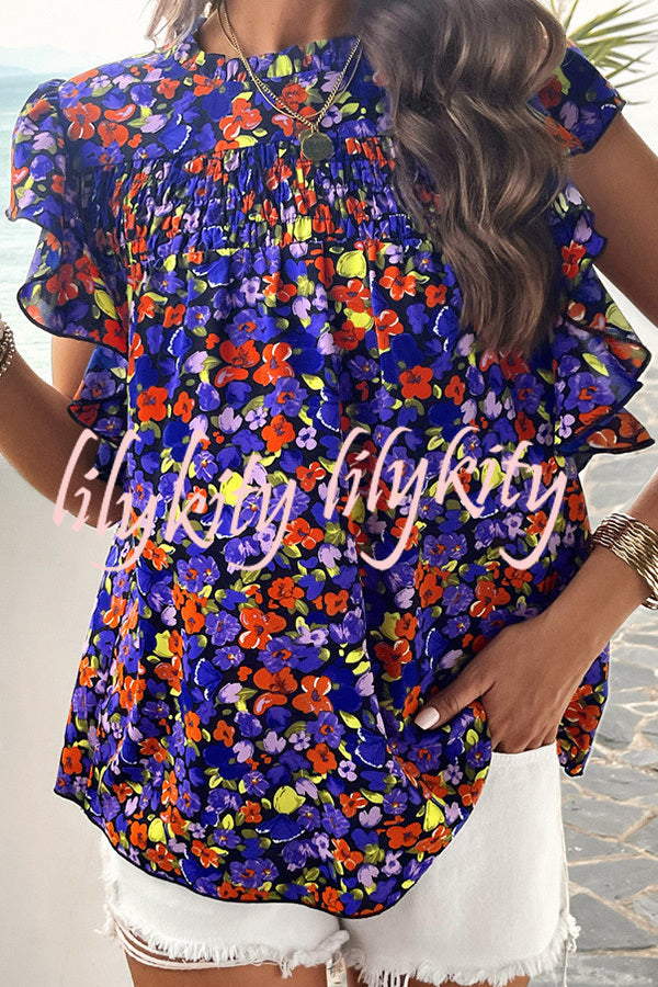 Floral Print Pleated Crew Neck Pullover Top