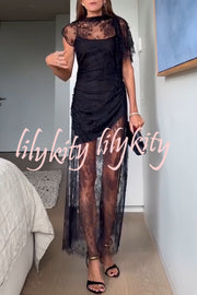 Romantic Statement Lace One Shoulder Bell Sleeve Asymmetrical Maxi Dress