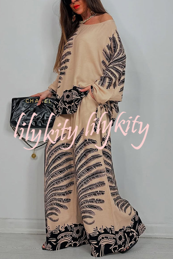 Unique Print Loose Drawstring Long Sleeve Top and Elastic Waist Casual Pocket Wide Leg Pants Set