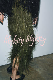 Party Crasher Layered Sequined Tassels High Rise Back Zipper Midi Skirt