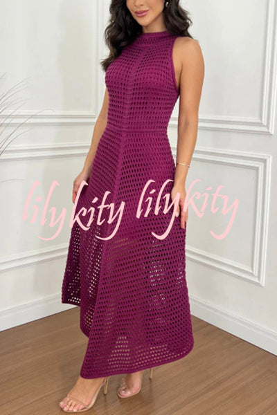 Violet Crochet Knit Round Neck Texture A-line Maxi Dress