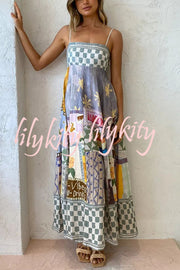 Wonderful Weekend Linen Blend Unique Print Smocked Back Pocketed Midi Dress