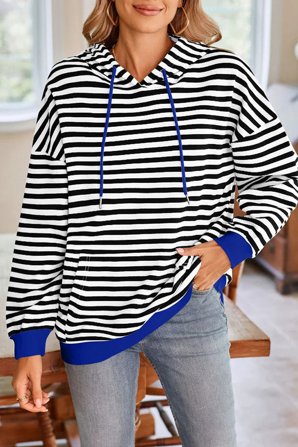 Striped Print Long Sleeve Pocket Loose Hoodie