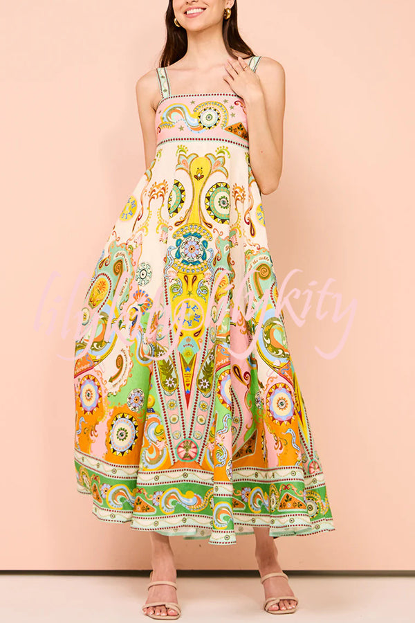 Summer Serenade Linen Blend Unique Print Tie-up Strap Smocked Pocketed Maxi Dress