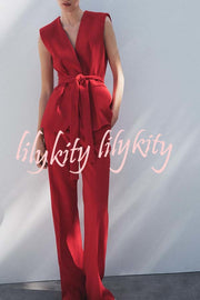Keep It Classic V-neck Belted Vest and Mid Rise Pocket Wide Leg Pants Set