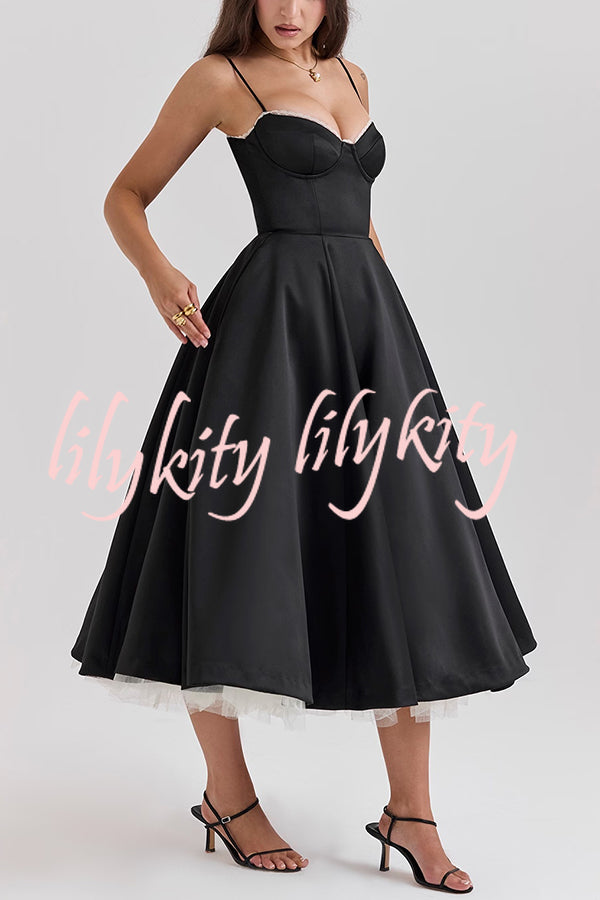 Fairytale Vibe Satin Patchwork Tulle Sweetheart Neck Pocket Stretch Midi Dress