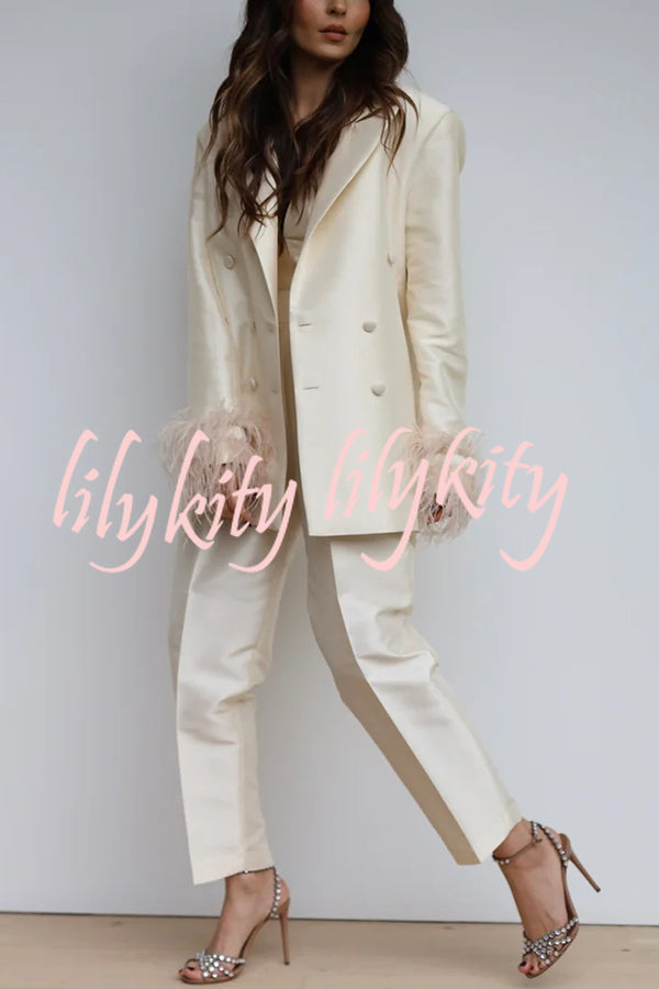 Chic Affair Satin Feather Trim Lapel Loose Blazer and High Rise Pocket Tapered Pants Set