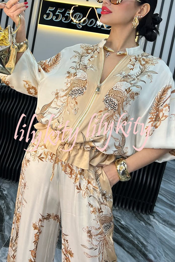 Unique Printed Casual Long-sleeved Loose Top and Elastic Waist Pocket Wide-leg Pants Set