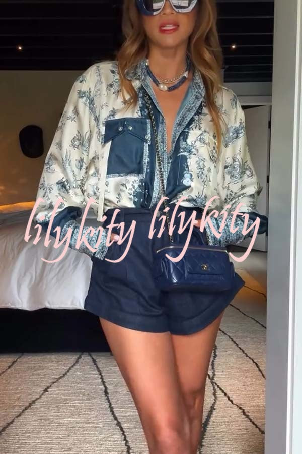 Bohemian Elegant Satin Contrast Color Unique Print Button Up Pocket Loose Blouse