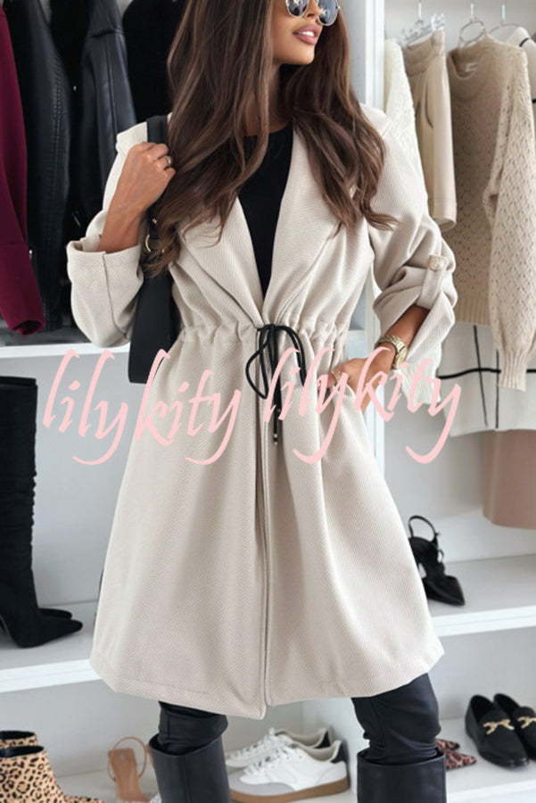 Effortless and Warm Textured Fabric Drawstring Waist Pocket Hooded Midi Coat