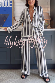 Lifetime of Happiness Striped Long Sleeve Loose Shirt and Elastic Waist Pocket Pants Set