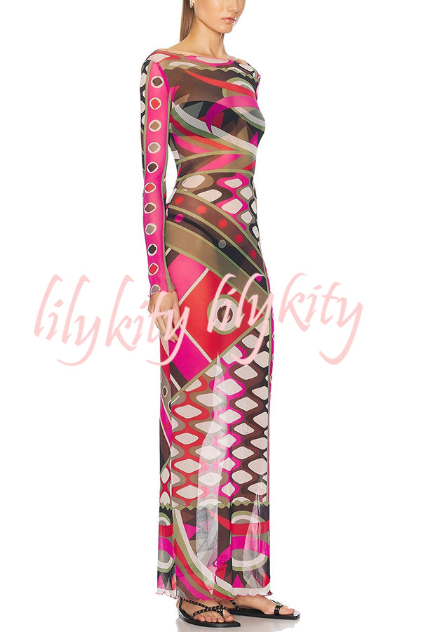 Gypsy Girl Mesh Unique Print Wide Neck Long Sleeve Stretch Maxi Dress