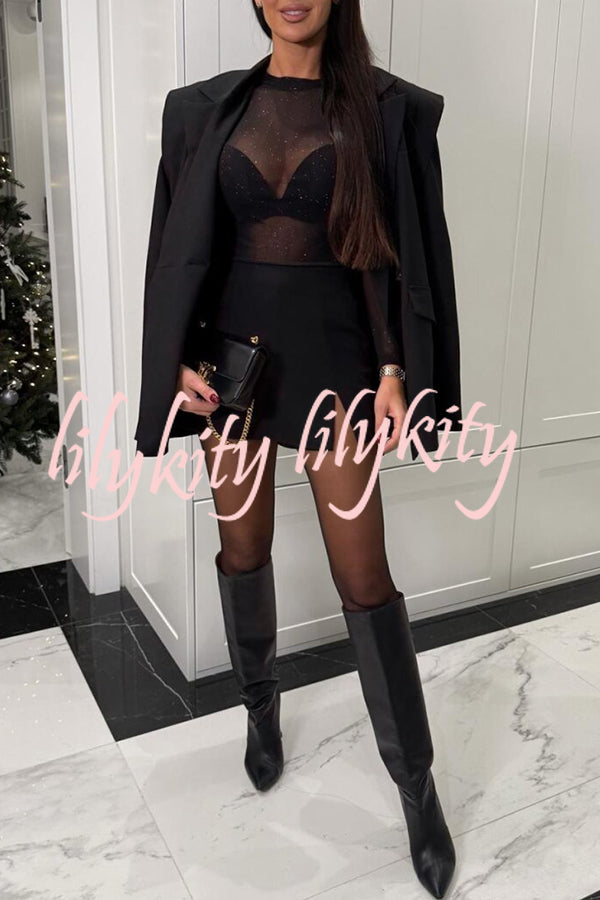 Feeling Flirty Mesh Glitter Fabric Long Sleeve Stretch Bodysuit