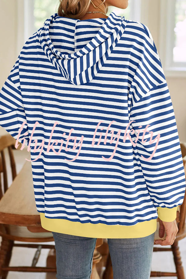 Striped Print Long Sleeve Pocket Loose Hoodie