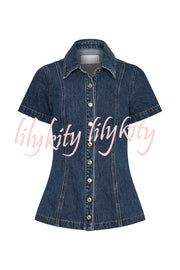 Modern Flavor Denim Short Sleeve Button Up Princess Seams Stretch Top