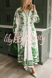 Forest Soul Unique Print Button Down Long Sleeve Shirt Maxi Dress