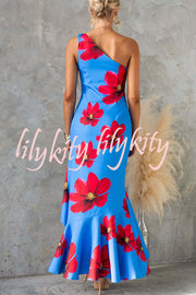 Stunning Muse Floral Print One Shoulder Irregular Ruffles Slit Maxi Dress