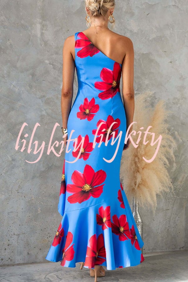 Stunning Muse Floral Print One Shoulder Irregular Ruffles Slit Maxi Dress