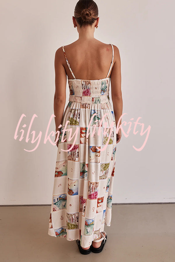 Unique Printed Sling Backless Elastic Pleated Maxi Dress