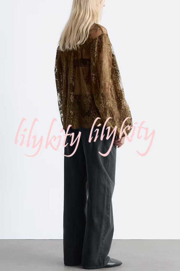 Reigna Semi-sheer Floral Lace Bow Neck Balloon Sleeve Loose Blouse
