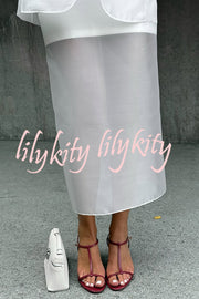 Simple and Light See-through Fabric Mid Rise Pencil Slit Midi Skirt