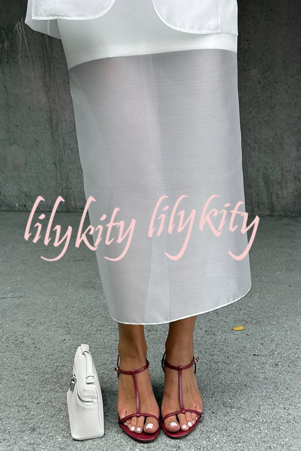 Simple and Light See-through Fabric Mid Rise Pencil Slit Midi Skirt