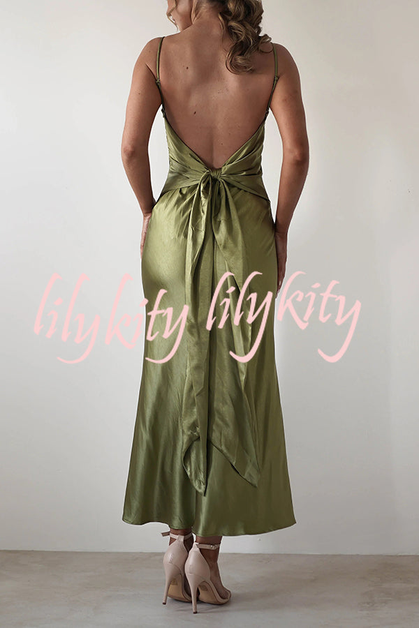 Satin Elegant Sling Backless Lace-Up Midi Dress
