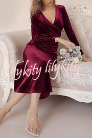 Solid Color Velvet Long Sleeve V-neck Slim Fit Fishtail Maxi Dress