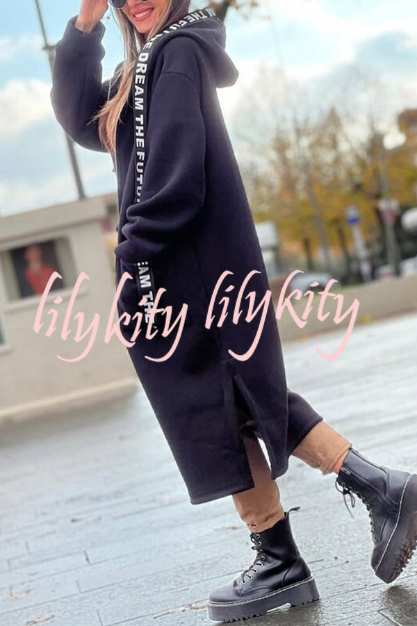 Fashionable and Casual Hooded Zipper Pocket Loose Long Coat