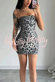 Leopard Print Sequin Sexy Sling Slim Fit Mini Dress