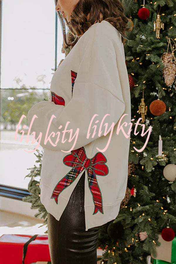 Merry Plaid Embroidered Bow Long-Sleeve Loose Sweatshirt
