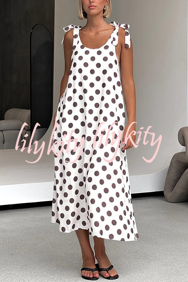 Polka Dot Print Suspenders Strappy Backless Loose Pocket Midi Dress