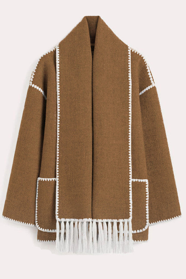 Stylish Loose Pocket Long Sleeve Coat and Warm Fringed Scarf