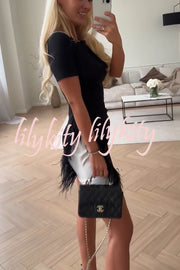 Marcelle Feather Trim Short Sleeve Color-block Him Mini Dress
