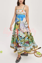 Linen Blend Unique Print Suspenders Back Pleated Pocket Resort Style Maxi Dress