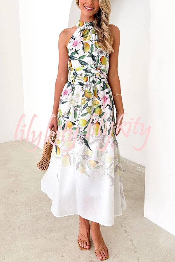 Floral Print Halterneck Tie Zip Smocked Maxi Dress