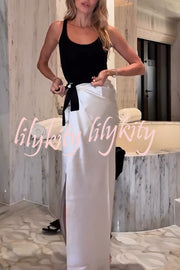 Black and White Classic Satin High Neck Crop Top and Wrap Tie-up Slit Maxi Skirt Set