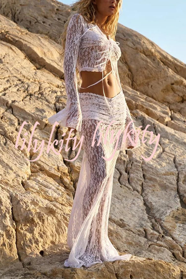 Sexy Lace Long-sleeve Lace-up Top and Pleated Sheer Maxi Skirt Set