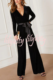 Love One Another Velvet Bow Belted Pocket Cutout Back Loose Jumpsuit