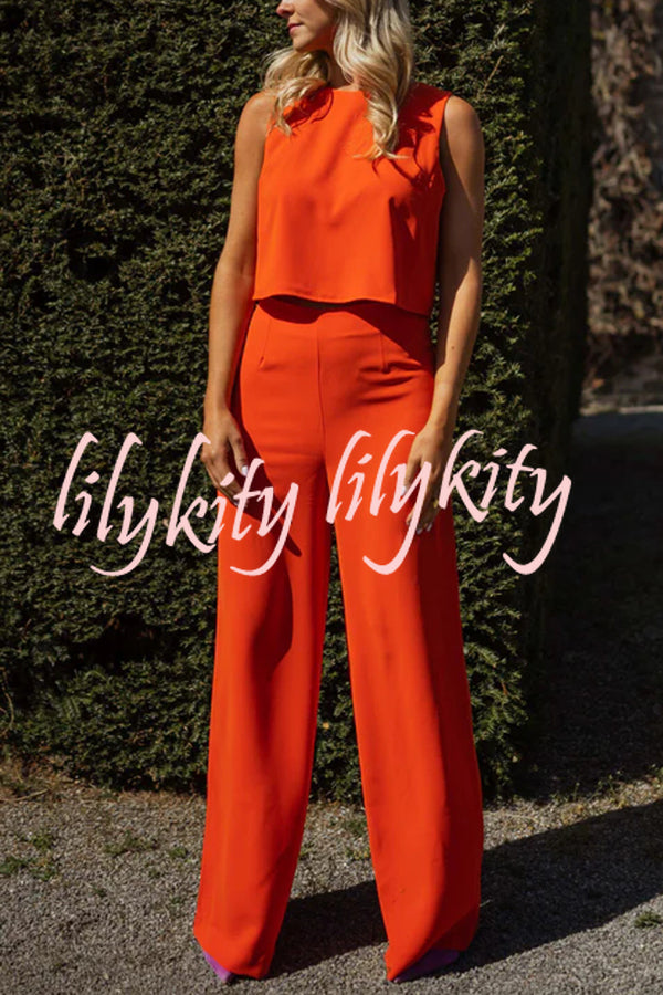 Modern and Elegant Solid Crop Tank and High Rise Flare Loose Pants Set