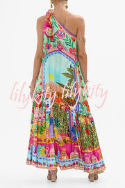 Queens of Creation Unique Print One Shoulder Tie-up Pocketed Loose Maxi Dress